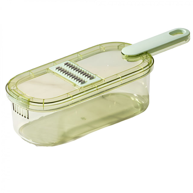 Feliator Multifunctional, Vivimall, 6 in 1, pentru Fructe si Legume, 9 Piese, Maner, Lame de Inox, Recipient Stocare, Protectie Mana, ABS, 35x12x9.4 cm, Verde - vivimall.ro