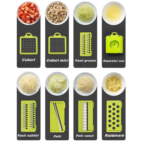 Feliator Multifunctional, Vivimall, Razatoare, 8 in 1, pentru Fructe si Legume, 10 Piese, Lame de Inox, Recipient Stocare, Separator Oua, Protectie Mana, ABS, 67.5x38.5x49.5 cm, Verde/Alb - vivimall.ro