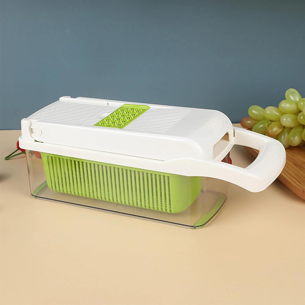 Feliator Multifunctional, Vivimall, Razatoare, 8 in 1, pentru Fructe si Legume, 10 Piese, Lame de Inox, Recipient Stocare, Separator Oua, Protectie Mana, ABS, 67.5x38.5x49.5 cm, Verde/Alb - vivimall.ro