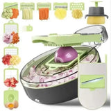 Feliator Multifunctional, Vivimall, Razatoare, 8 in 1, pentru Fructe si Legume, 12 Piese, Lame de Inox, Recipient Stocare, Separator Oua, Protectie Mana, ABS, Gri/Verde, 29.5x9x21.8 cm - vivimall.ro