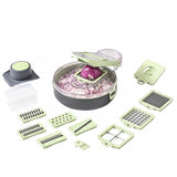 Feliator Multifunctional, Vivimall, Razatoare, 8 in 1, pentru Fructe si Legume, 12 Piese, Lame de Inox, Recipient Stocare, Separator Oua, Protectie Mana, ABS, Gri/Verde, 29.5x9x21.8 cm - vivimall.ro