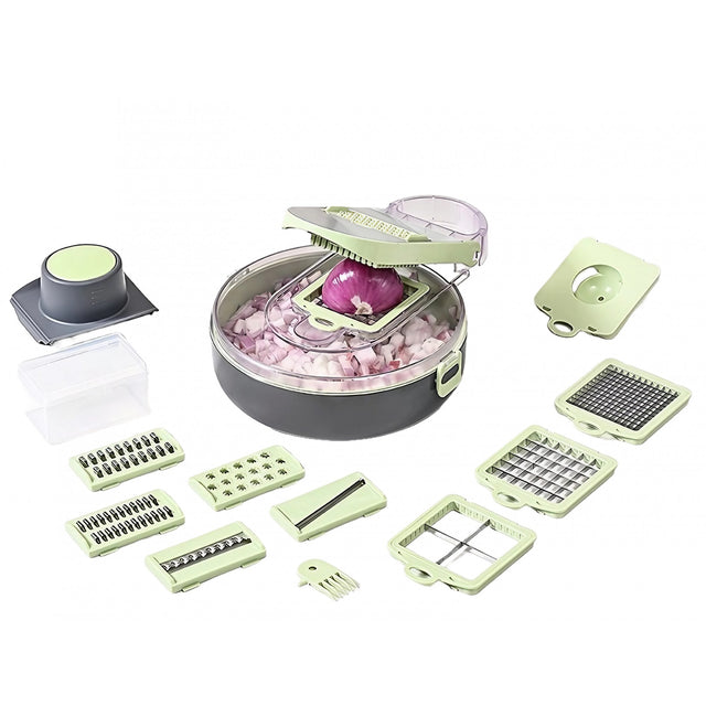 Feliator Multifunctional, Vivimall, Razatoare, 8 in 1, pentru Fructe si Legume, 12 Piese, Lame de Inox, Recipient Stocare, Separator Oua, Protectie Mana, ABS, Gri/Verde, 29.5x9x21.8 cm - vivimall.ro