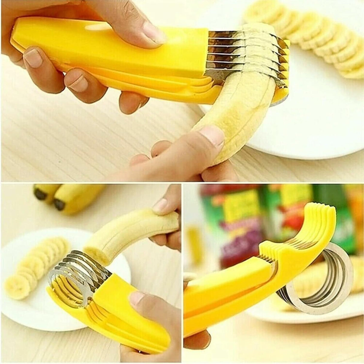 Feliator pentru Alimente, Vivimall, Accesoriu pentru Bucatarie, Cutit pentru Legume si Fructe, Model Banana, Ergonomic, 17.5x5x4 cm, Galben - vivimall.ro