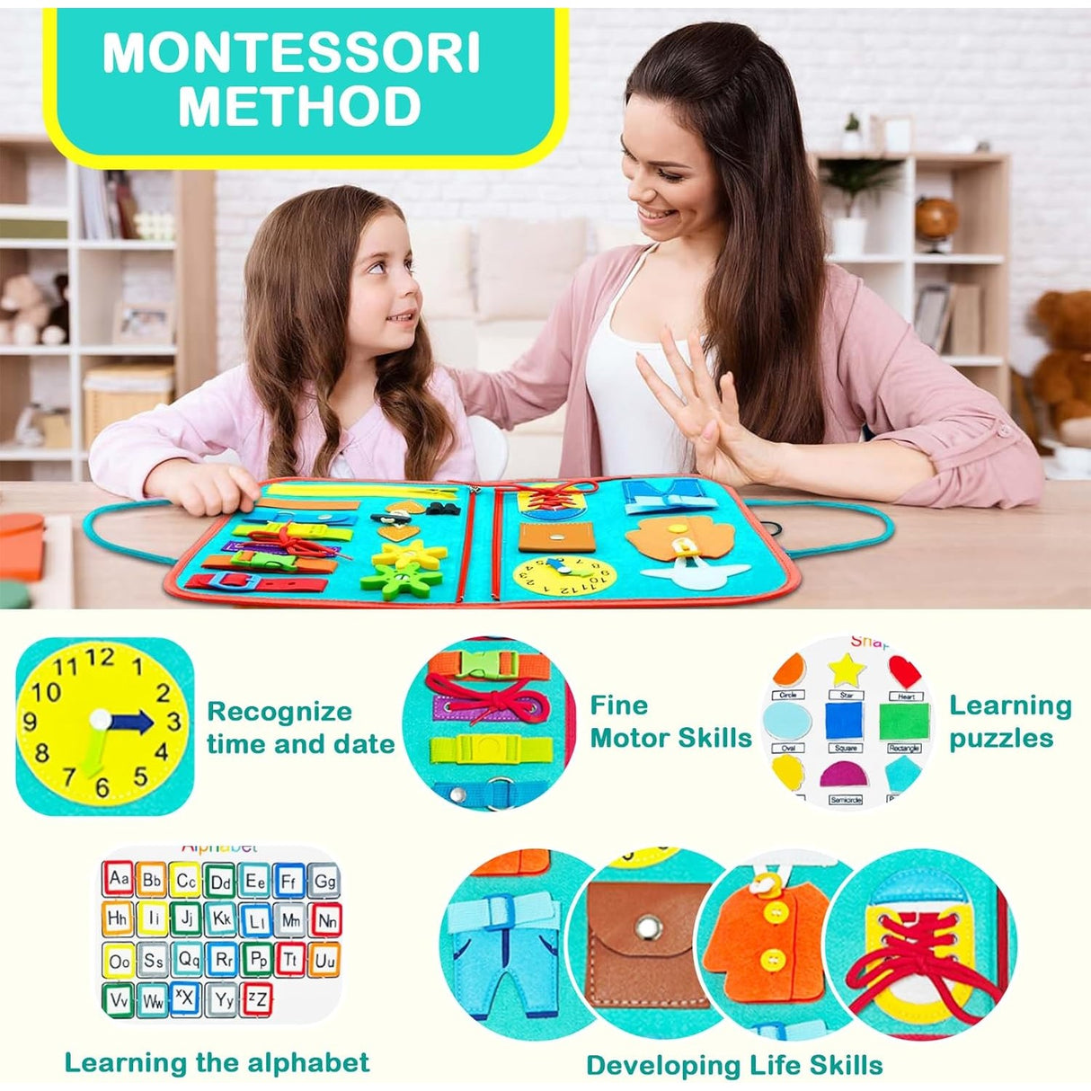 Carte Senzoriala Educativa Montessori, Vivimall, cu Activitati, Dezvoltare Abilitati Motorii, 4 Pagini, Model Spatiu Cosmic, 28x22x7 cm, Albastru - vivimall.ro