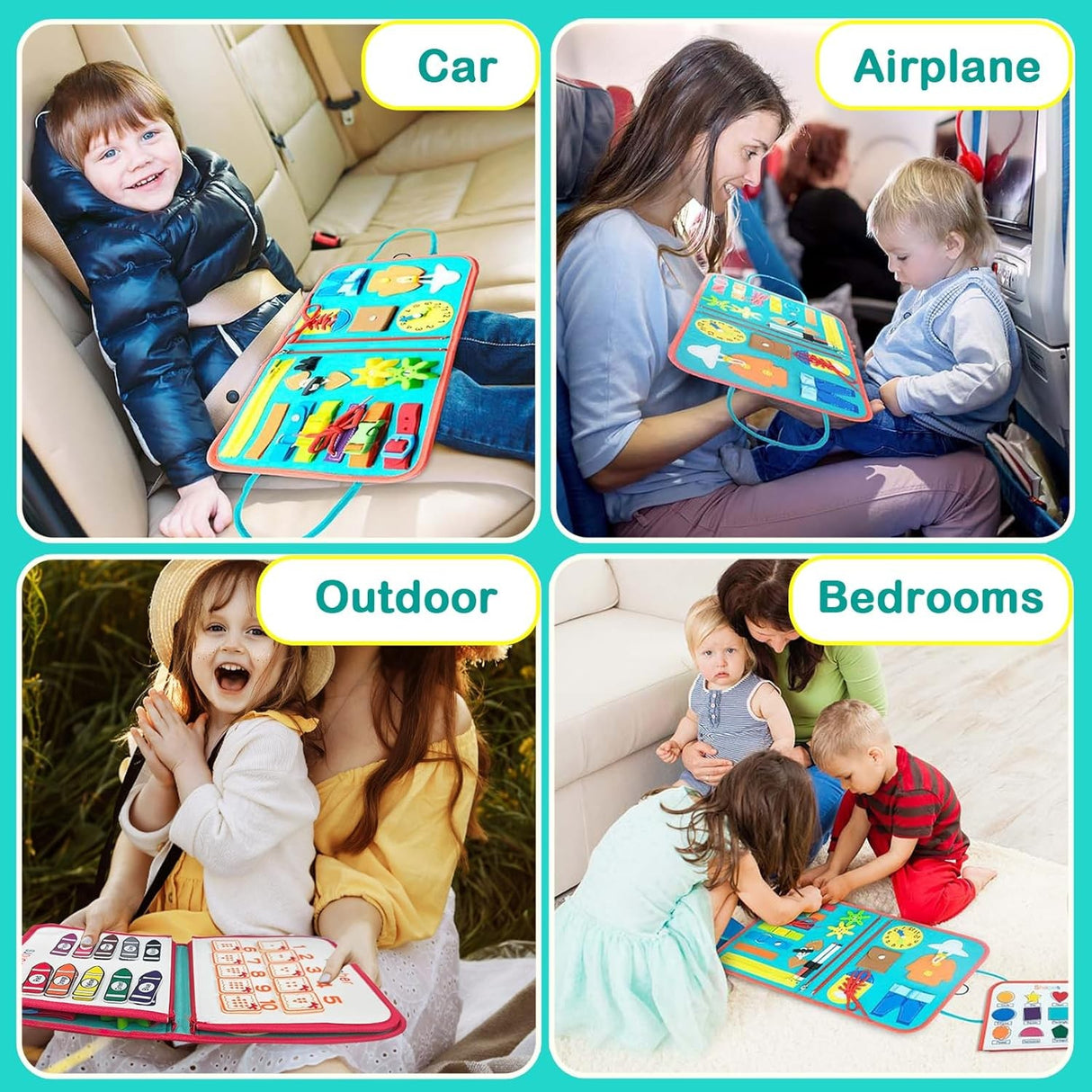 Carte Senzoriala Educativa Montessori, Vivimall, cu Activitati, Dezvoltare Abilitati Motorii, 4 Pagini, Model Spatiu Cosmic, 28x22x7 cm, Albastru - vivimall.ro