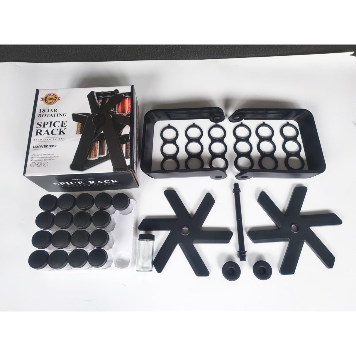 Suport Pentru Condimente Rotativ, Vivimall, Multifunctional, Pivotant 360°, Portabil, Usor de Montat, 34x23 cm, ABS/Sticla, Negru - vivimall.ro