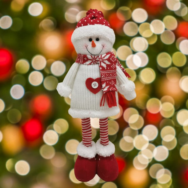 Figurina Decorativa, Pentru Craciun, Vivimall, Om de Zapada, Picioare Telescopice, Inaltime Reglabila 44-54cm, Caciula cu Inimioare, Alb/Rosu - vivimall.ro