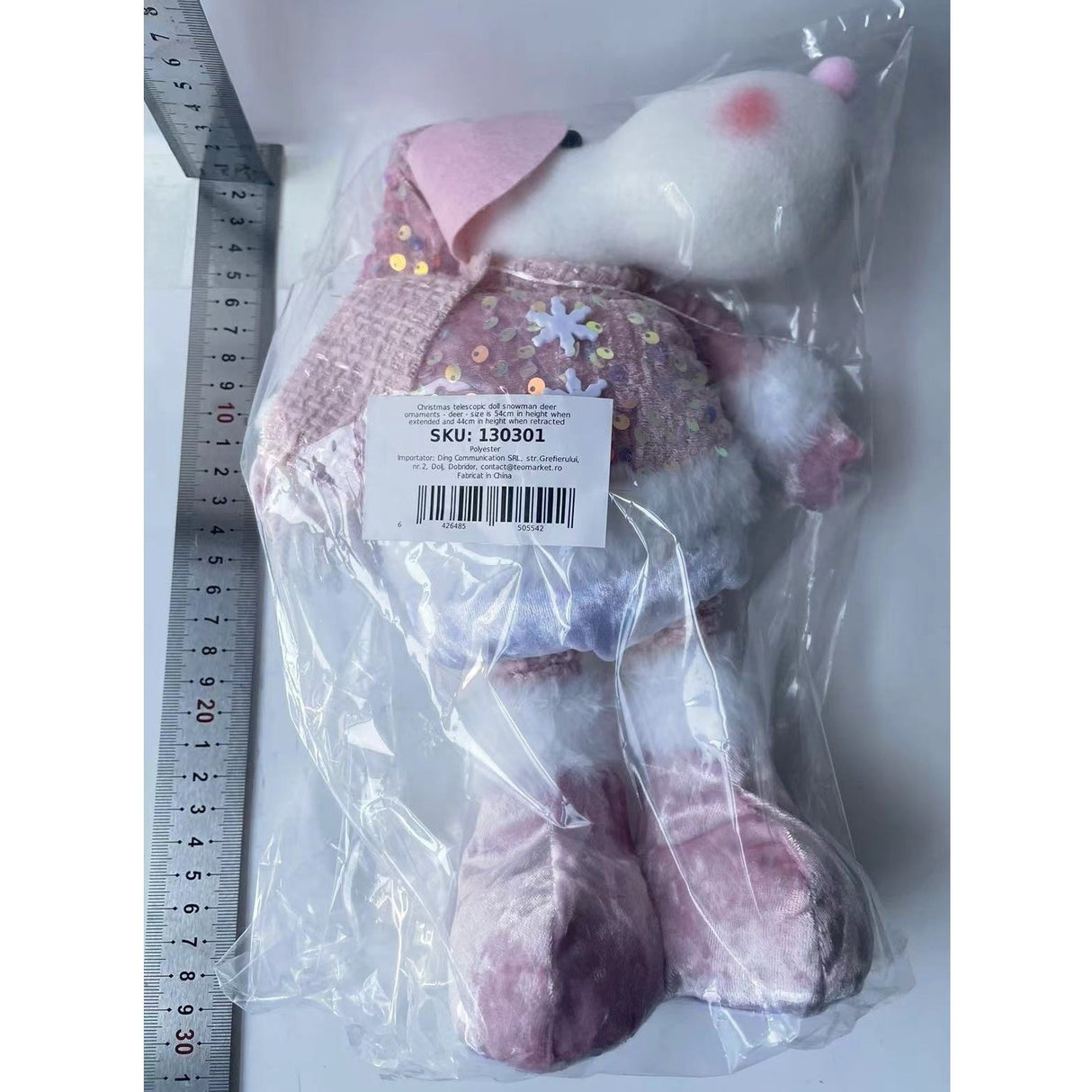 Figurina Decorativa, Pentru Craciun, Vivimall, Ren, Picioare Telescopice, Inaltime Reglabila 44-54cm, Bluza cu Paiete, Roz - vivimall.ro