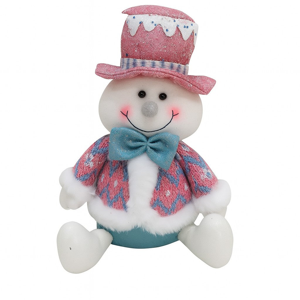 Figurină decorativă Crăciun om de zăpadă cu pălărie, costum albastru-roz, textil, 26x20x12 cm, vedere frontală