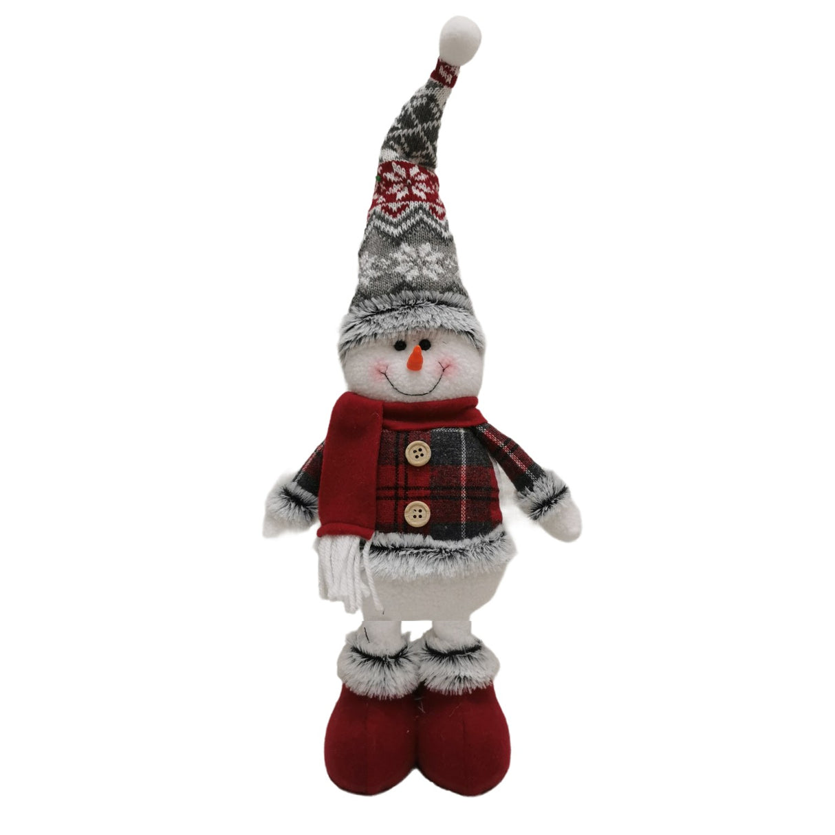 Figurina Decorativa, Pentru Craciun, Vivimall, Om de Zapada, Picioare Telescopice, Inaltime Reglabila 44-54cm, Caciula cu Fugi, Rosu/Gri - vivimall.ro