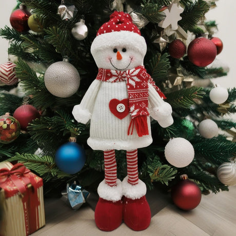 Figurina Decorativa, Pentru Craciun, Vivimall, Om de Zapada, Picioare Telescopice, Inaltime Reglabila 44-54cm, Caciula cu Inimioare, Alb/Rosu - vivimall.ro