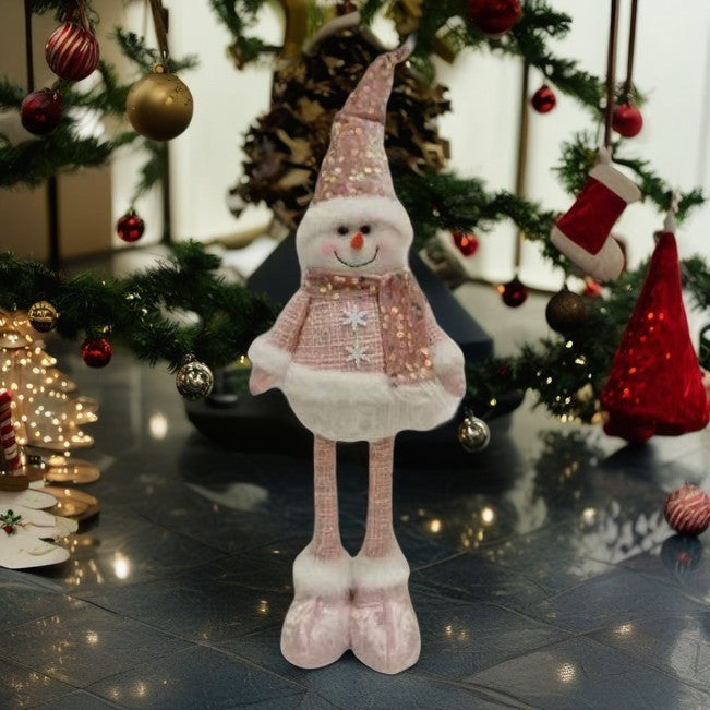 Figurina Decorativa, Pentru Craciun, Vivimall, Om de Zapada, Picioare Telescopice, Inaltime Reglabila 44-54cm, Caciula cu Paiete, Roz - vivimall.ro