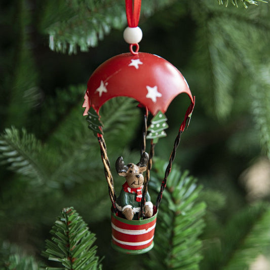 Figurina pentru Brad de Craciun, Vivimall, Model Ren in Balon cu Aer Cald, Ornament pentru Brad, din Metal, 11 x 5.5 x 5.5 cm, Rosu inchis - vivimall.ro