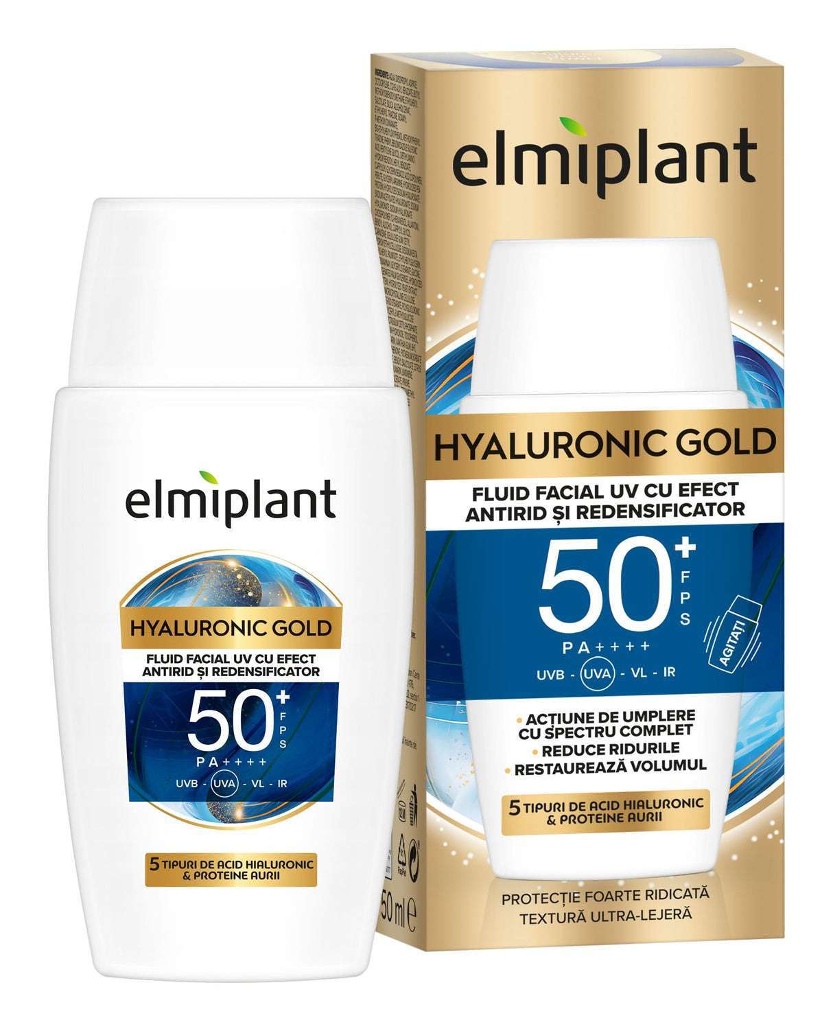Fluid Facial, Elmiplant, Hyaluronic Gold UV cu Efect Antirid si Redensificator, SPF 50+, 50 ml - vivimall.ro
