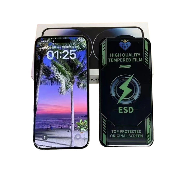 Folie protecție iPhone 15 Plus Tempered Glass ESD Full Cover cu margini negre, vedere frontală, produs Vivimall