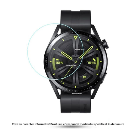 Folie protecție Huawei Watch GT4 41MM aplicată pe smartwatch, unghi lateral, design 2.5D