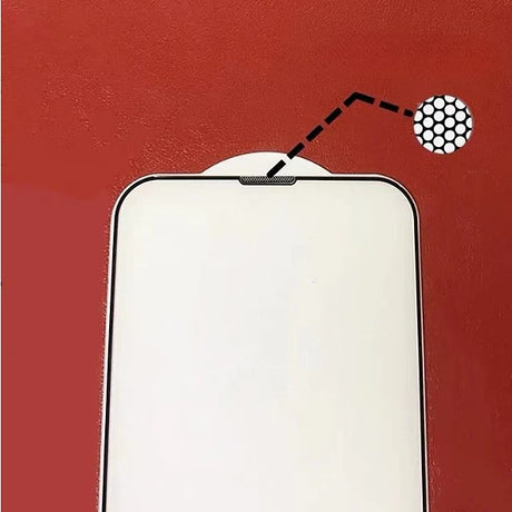 Detaliu margine neagră folie sticlă securizată iPhone 15 Plus, decupaj laser precizie pentru difuzor