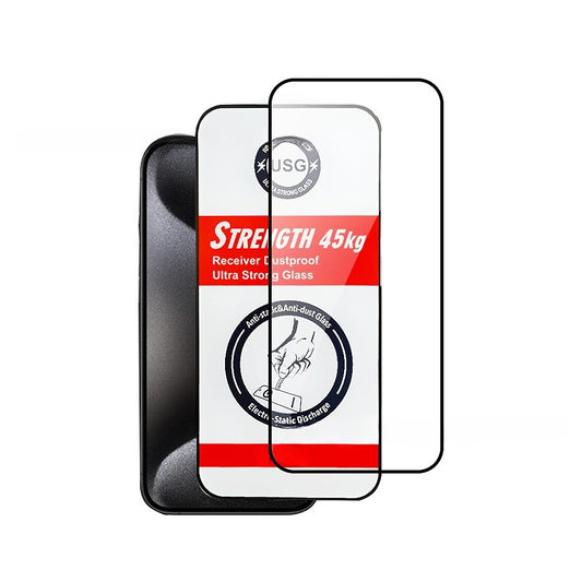 Folie de Protectie, Vivimall, pentru iPhone 15 Pro Max, Tempered Glass USG, Ultra Rezistent 45kg, Full Cover, Antistatica, Margini Negre, Transparent - vivimall.ro