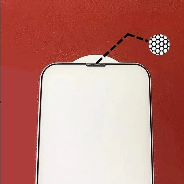 Detaliu folie iPhone 15 Pro sticlă securizată cu protecție anti-praf difuzor și decupaj laser precis