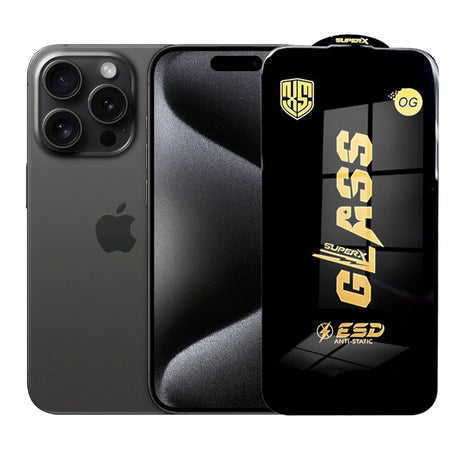 Folie sticlă securizată ESD pentru iPhone 15 Pro, 0.35 mm, margini negre, vedere frontală