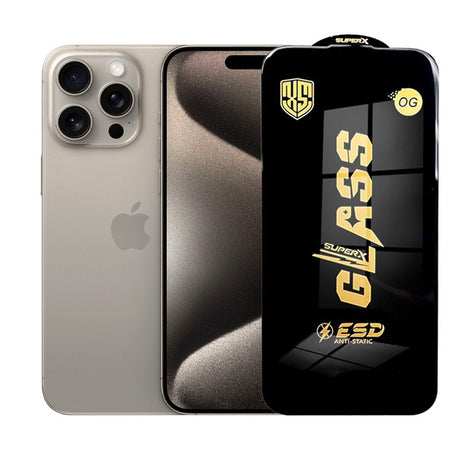 Folie sticlă securizată ESD pentru iPhone 15 Pro Max, 0.35 mm, margini negre – vedere frontală