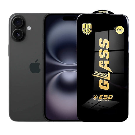 Folie protecție iPhone 16 Plus din sticlă securizată ESD, 0.35 mm, margini negre, vedere frontală