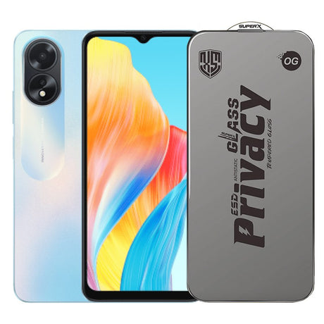 Folie sticlă securizată ESD pentru Oppo A18, Super-X Privacy OG, margini negre, 0.30 mm — vedere frontală