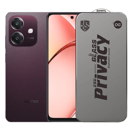 Folie privacy Oppo A3 din sticlă securizată ESD antistatică, 0.30 mm, margini negre, vedere frontală