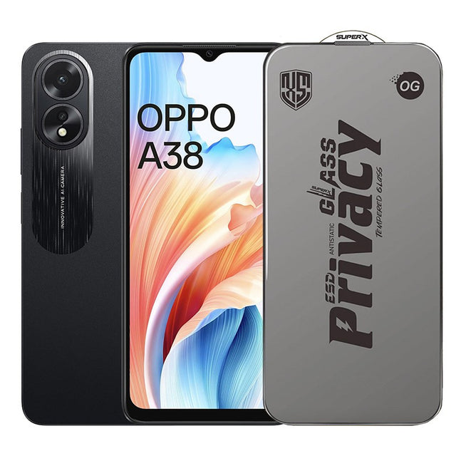 Folie sticlă securizată ESD Flippy Super-X Privacy pentru Oppo A38, vedere frontală, margini negre