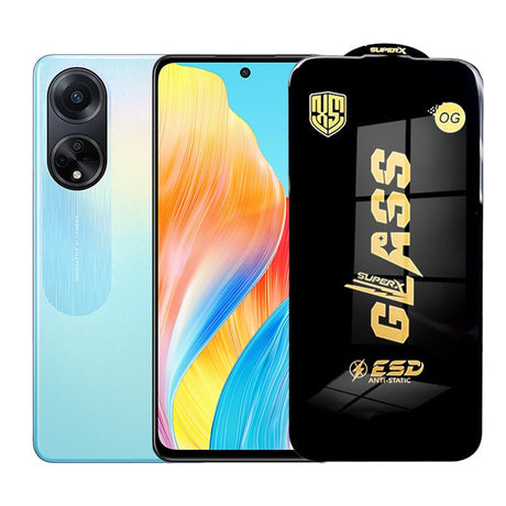 Folie sticlă securizată ESD pentru Oppo A98, grosime 0.35 mm, margini negre, vedere frontală