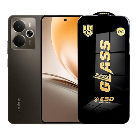 Folie sticlă securizată ESD pentru Realme 14, margini negre, grosime 0,35 mm – vedere frontală
