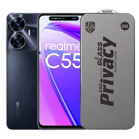 Folie sticlă securizată ESD antistatică pentru Realme C55, Super-X Privacy OG, 0.30 mm, margini negre, vedere frontală