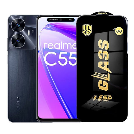 Folie protecție Realme C55 din sticlă securizată ESD, 0,35 mm, margini negre – vedere frontală produs