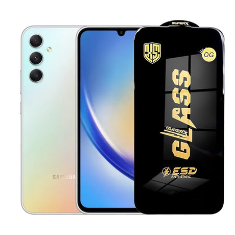 Folie sticlă securizată ESD pentru Samsung Galaxy A34, margini negre, grosime 0.35 mm, vedere frontală