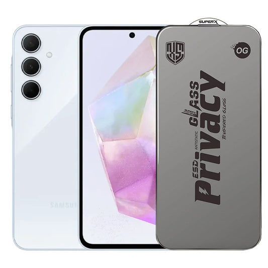 Folie de Protectie pentru Samsung Galaxy A35, Vivimall, Sticla Securizata ESD Antistatica, Super-X Privacy OG, Margini Negre, 0.30 mm, Transparent Inchis - vivimall.ro