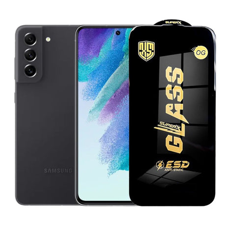 Folie sticlă securizată ESD Samsung Galaxy S21 FE, grosime 0,35 mm, margini negre – vedere frontală