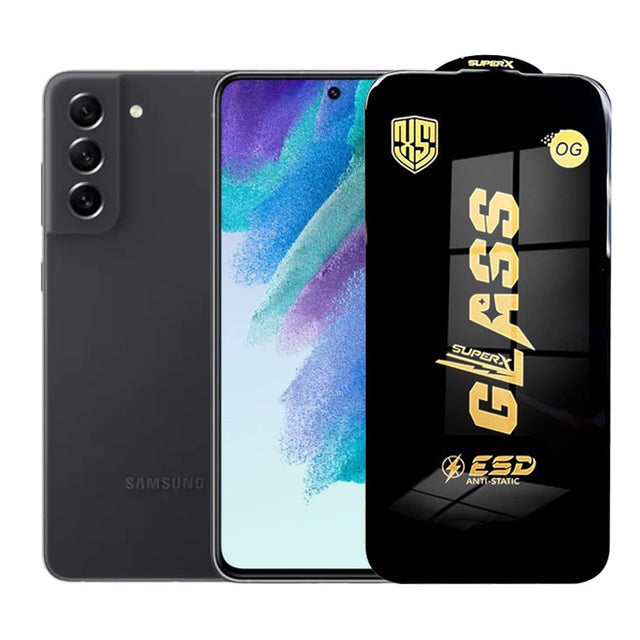 Folie sticlă securizată ESD Samsung Galaxy S21 FE, grosime 0,35 mm, margini negre – vedere frontală