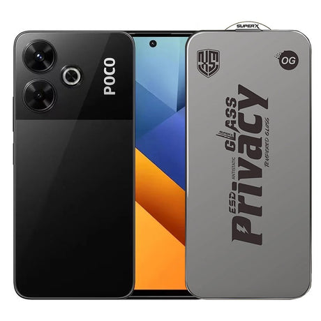 Folie sticlă securizată ESD Xiaomi Poco M6, Super-X Privacy OG, grosime 0.30 mm, margini negre – vedere frontală