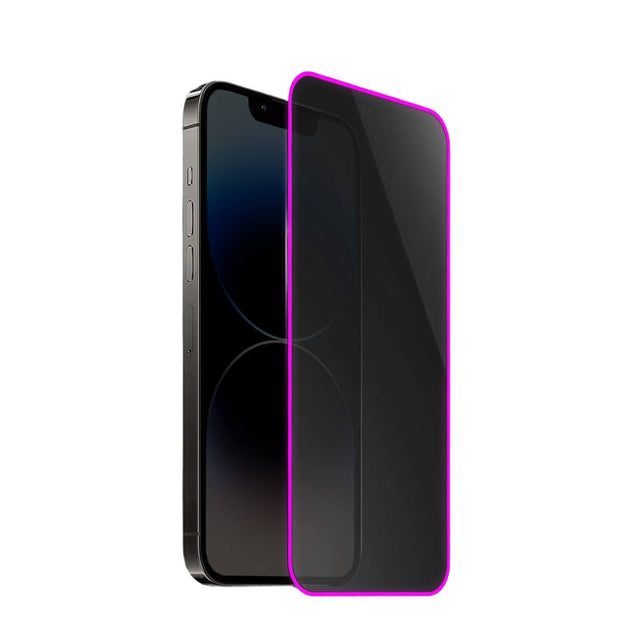 Folie sticlă securizată iPhone 15 Vivimall Luminous, margine fosforescentă neon violet, vedere frontală