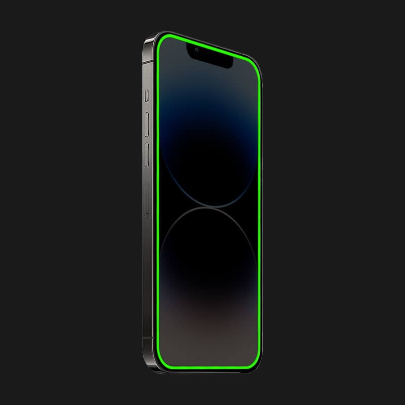 Detaliu margine fosforescentă neon verde folie Vivimall Luminous pentru iPhone 15 Pro, silicon silicon