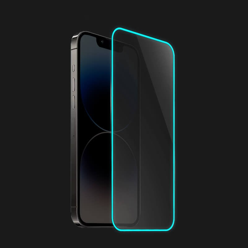 Folie sticlă iPhone 15 Pro strălucind în întuneric, efect neon albastru fosforescent activ