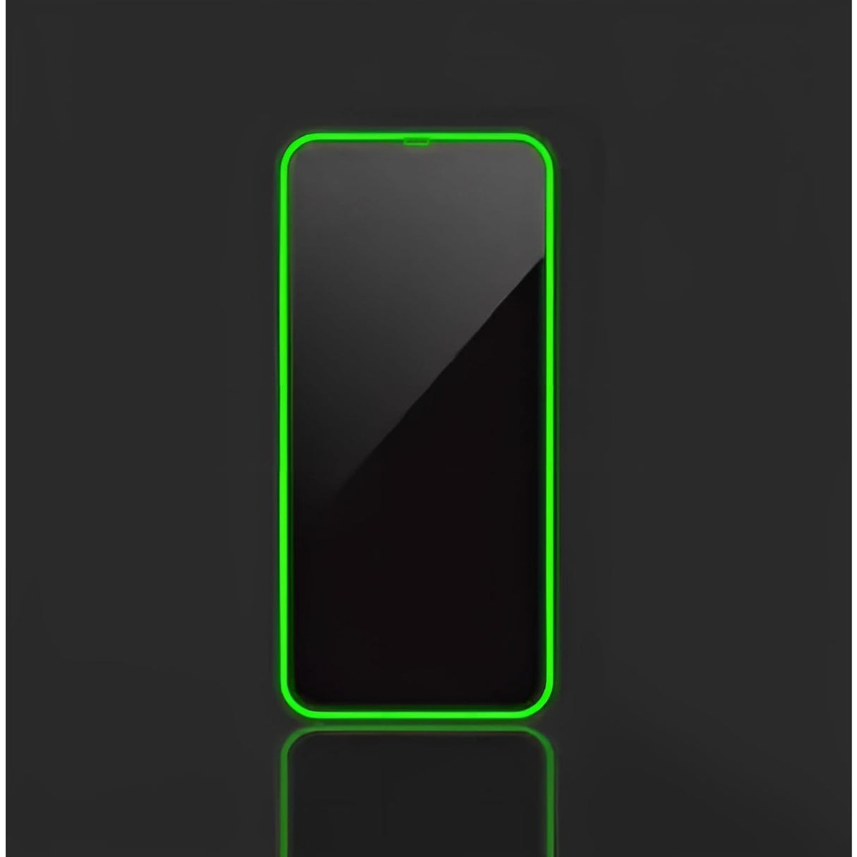 Folie Vivimall Luminous pentru iPhone 15 Pro Max cu margine silicon verde neon, detaliu margine fosforescentă