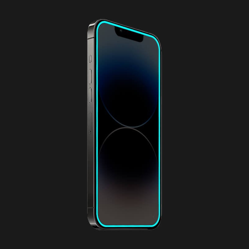 Detaliu margine neon albastru folie Vivimall Luminous pentru iPhone 15 Pro Max, strălucire întuneric