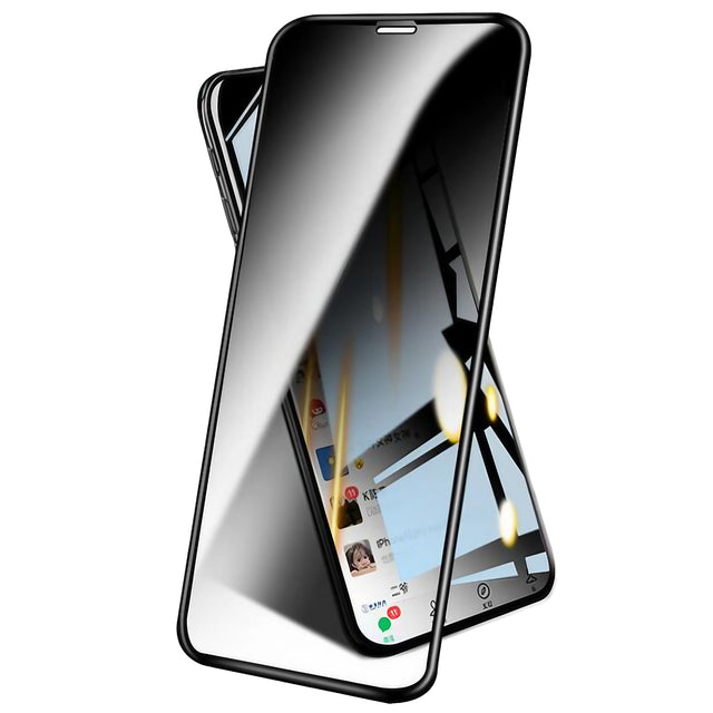 Folie privacy sticlă securizată iPhone 15 Pro Max, model Diamond HD 9D, ramă neagră, vedere frontală