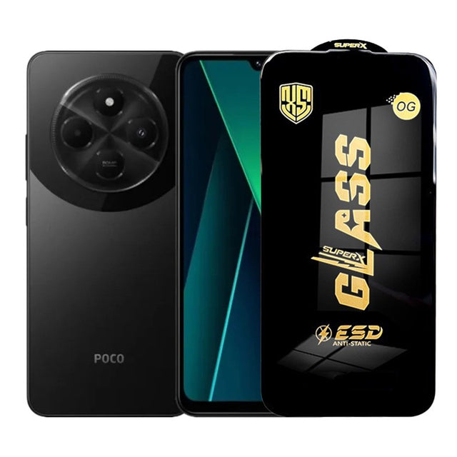 Folie sticlă securizată ESD pentru Xiaomi Poco C75, 0.35 mm, margini negre – vedere frontală