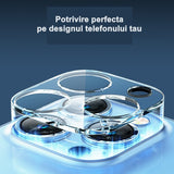 Protecție cameră iPhone 15 Pro Max sticlă temperată transparentă, detaliu modul foto acoperit