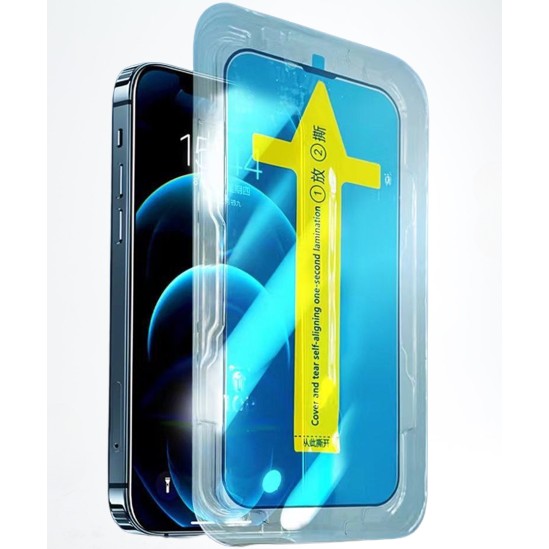 Folie sticla securizata cu sistem de montare usor si rapid Flippy pentru Apple iPhone 14 Pro, Transparent cu margini negre - vivimall.ro