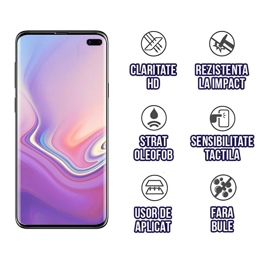 Folie Sticla Securizata Curbata Flippy pentru Samsung S10 Plus cu recunoastere a amprentelor digitale, 9H, lipici margine, contur negru - vivimall.ro