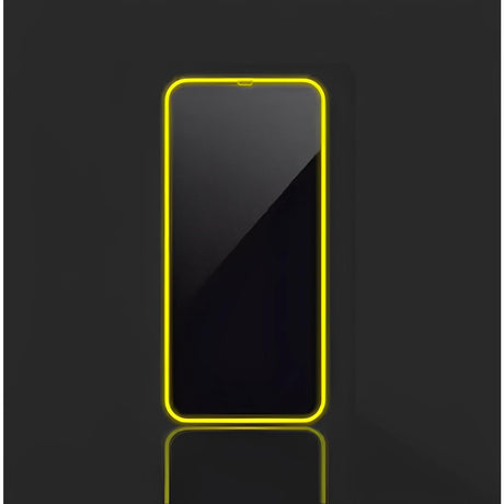 Detaliu margine neon fosforescentă din silicon galben, folie mat anti-amprentă iPhone 15 Pro Max