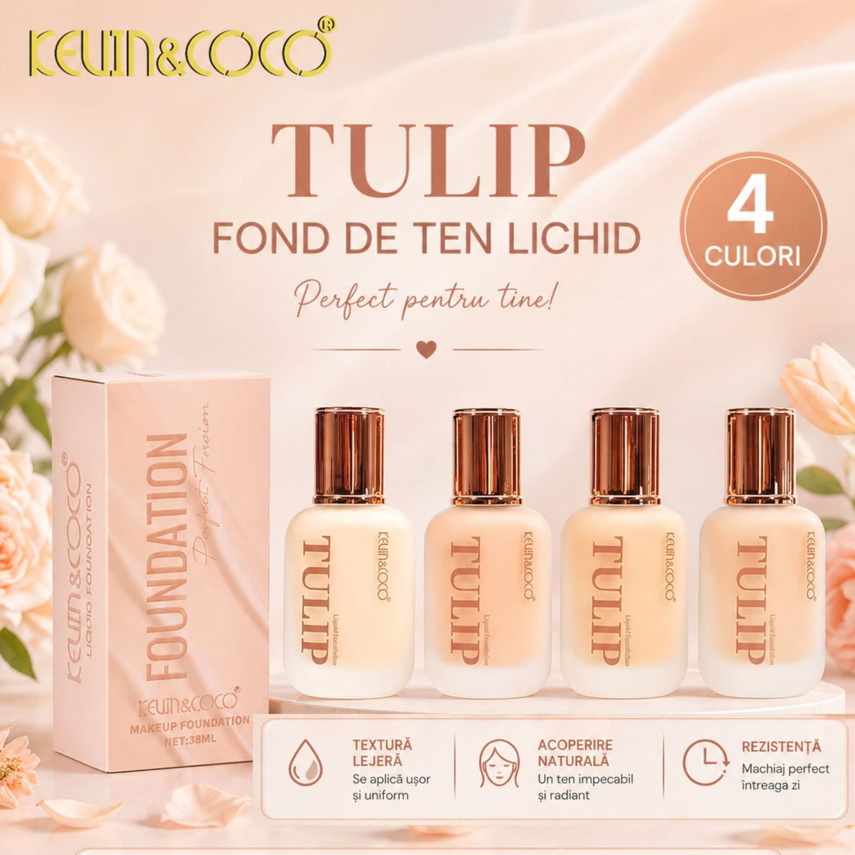 Fond de ten Kevin&Coco Tulip 38 ml, nuanță Natural Beige, vedere de ansamblu produs